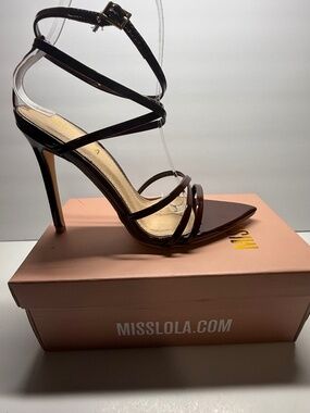 Miss Lola Pointed toe strappy brown heels.